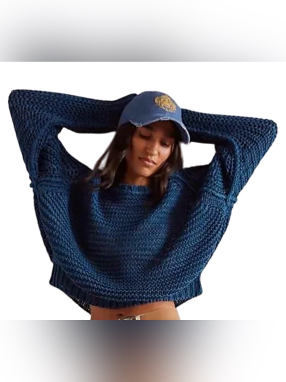 NEW FREE PEOPLE WE THE FREE MAJOLICA BLUE ESSENTIAL KNIT LINEN CREW SWEATER SZ S